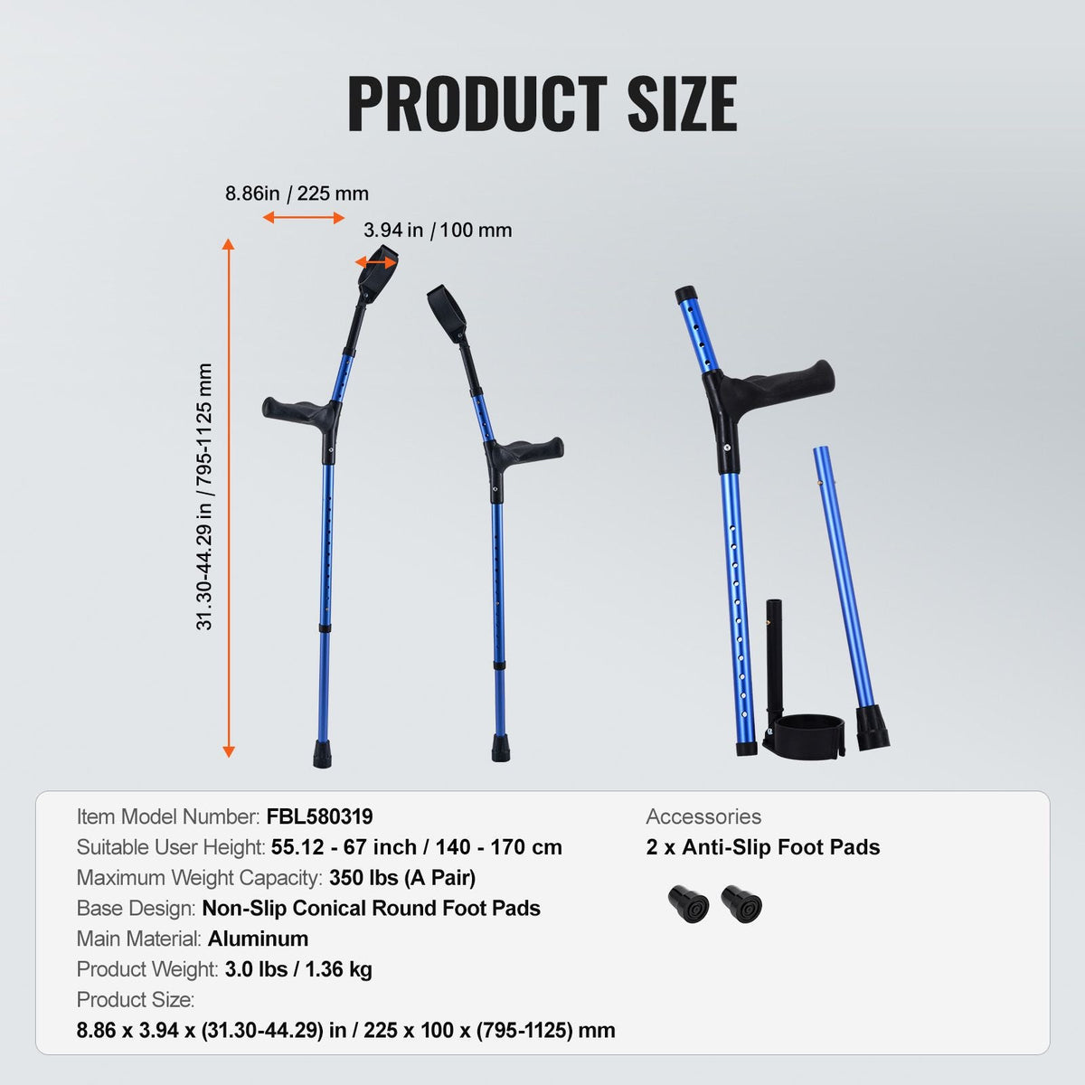 Forearm Crutches for Adults, 11-Level Height Adjustable Walking Crutches with 4-Level Upper Cuff, Lightweight Aluminum Medical Support Crutches for Leg Injury Surgery Disabled, 1 Pair (350LBS)