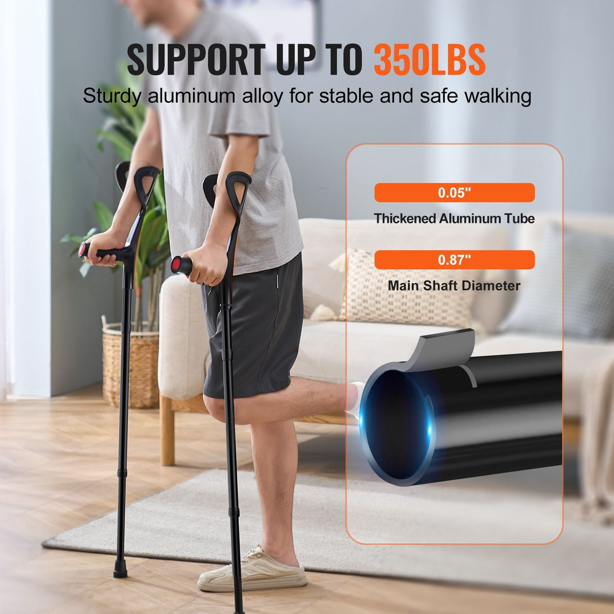 Forearm Crutches for Adults, Folding Walking Forearm Crutches with 10-Level Adjustable Height, Lightweight Aluminum Medical Crutches with Open Cuff for Leg Injury Surgery Disabled, 1 Pair 350LBS