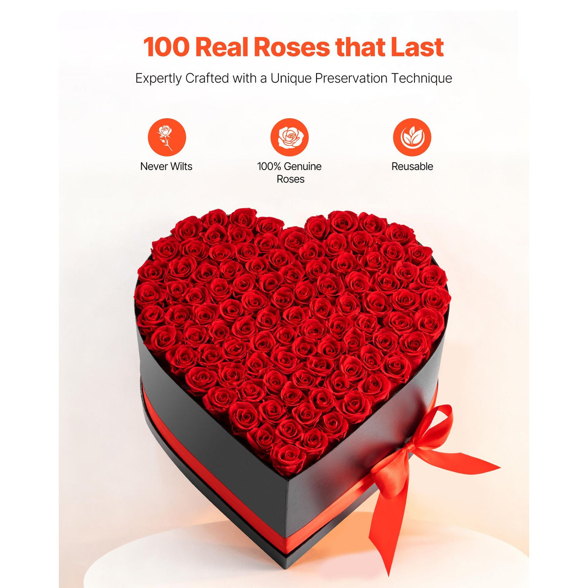Forever Flowers, 100 Preserved Roses in a Heart Shape Box, Eternal Flowers Immortal Bouquet Birthday Present for Women Her Wife Mothers, Anniversary, Valentine's Day,Christmas, Red