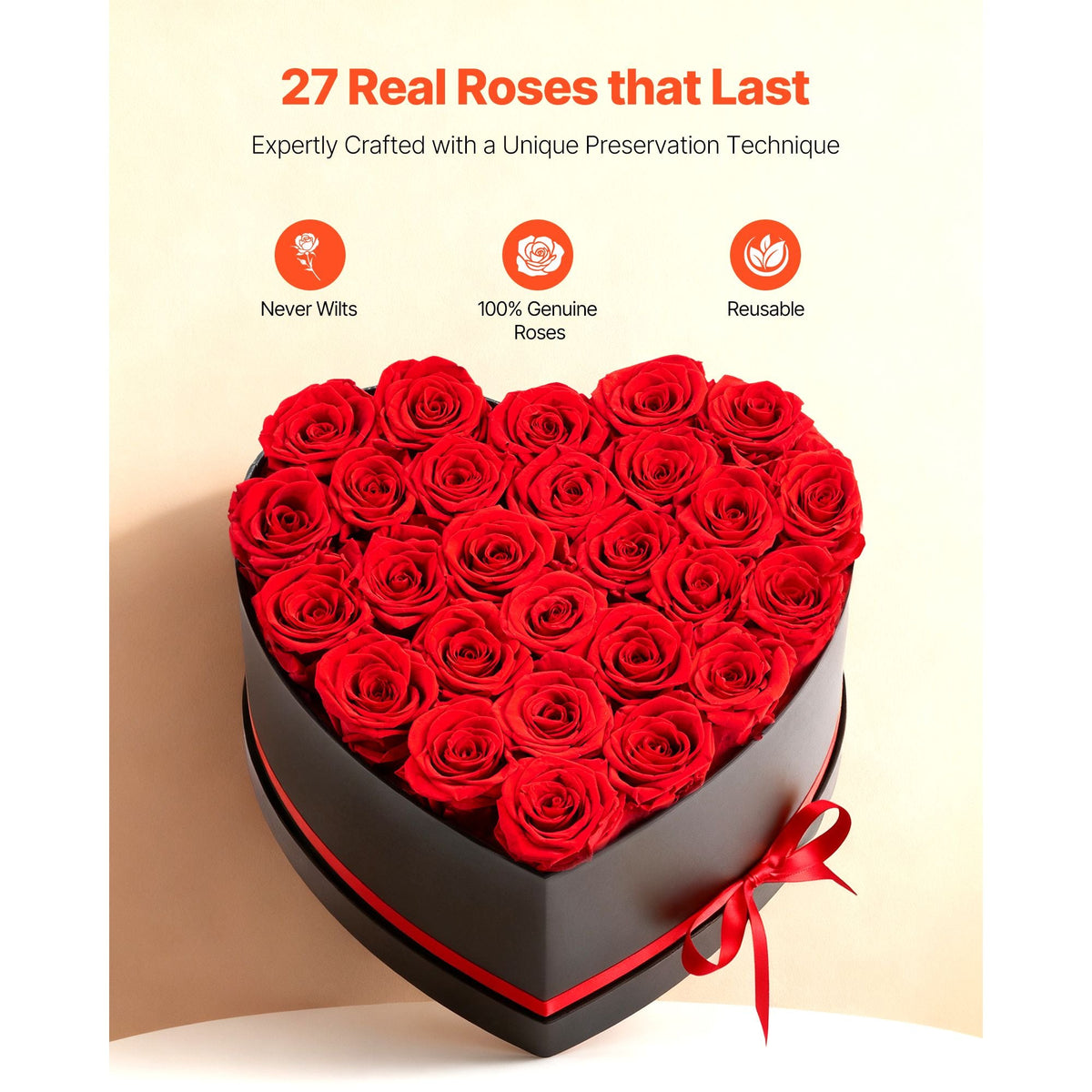 Forever Flowers, 27 Preserved Roses in a Heart Shape Box, Eternal Flowers Immortal Bouquet Birthday Present for Delivery Prime Women Her Wife Mothers, Anniversary, Valentine's Day,Christmas, Red