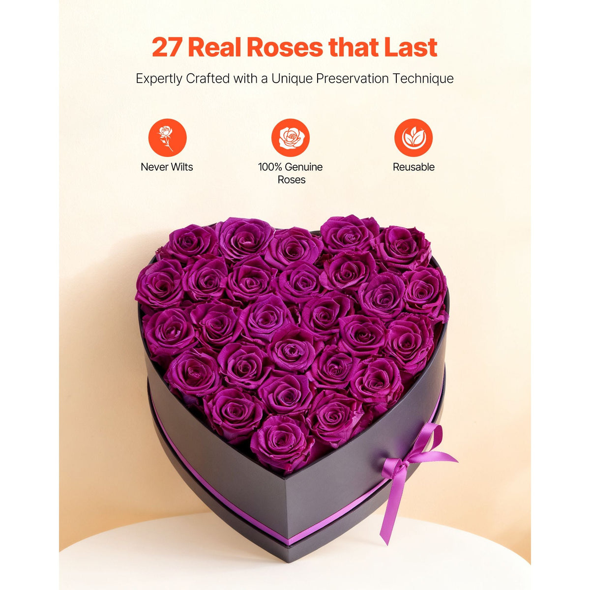 Forever Flowers, 27 Preserved Roses in Heart Shape Box, Eternal Flowers Immortal Bouquet Birthday Present for Women Her Wife Mothers, Anniversary, Valentine's Day,Christmas, Purple