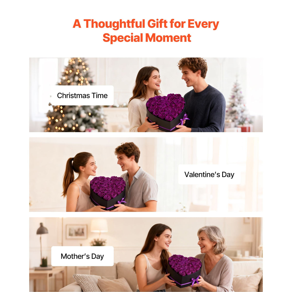 Forever Flowers, 27 Preserved Roses in Heart Shape Box, Eternal Flowers Immortal Bouquet Birthday Present for Women Her Wife Mothers, Anniversary, Valentine's Day,Christmas, Purple