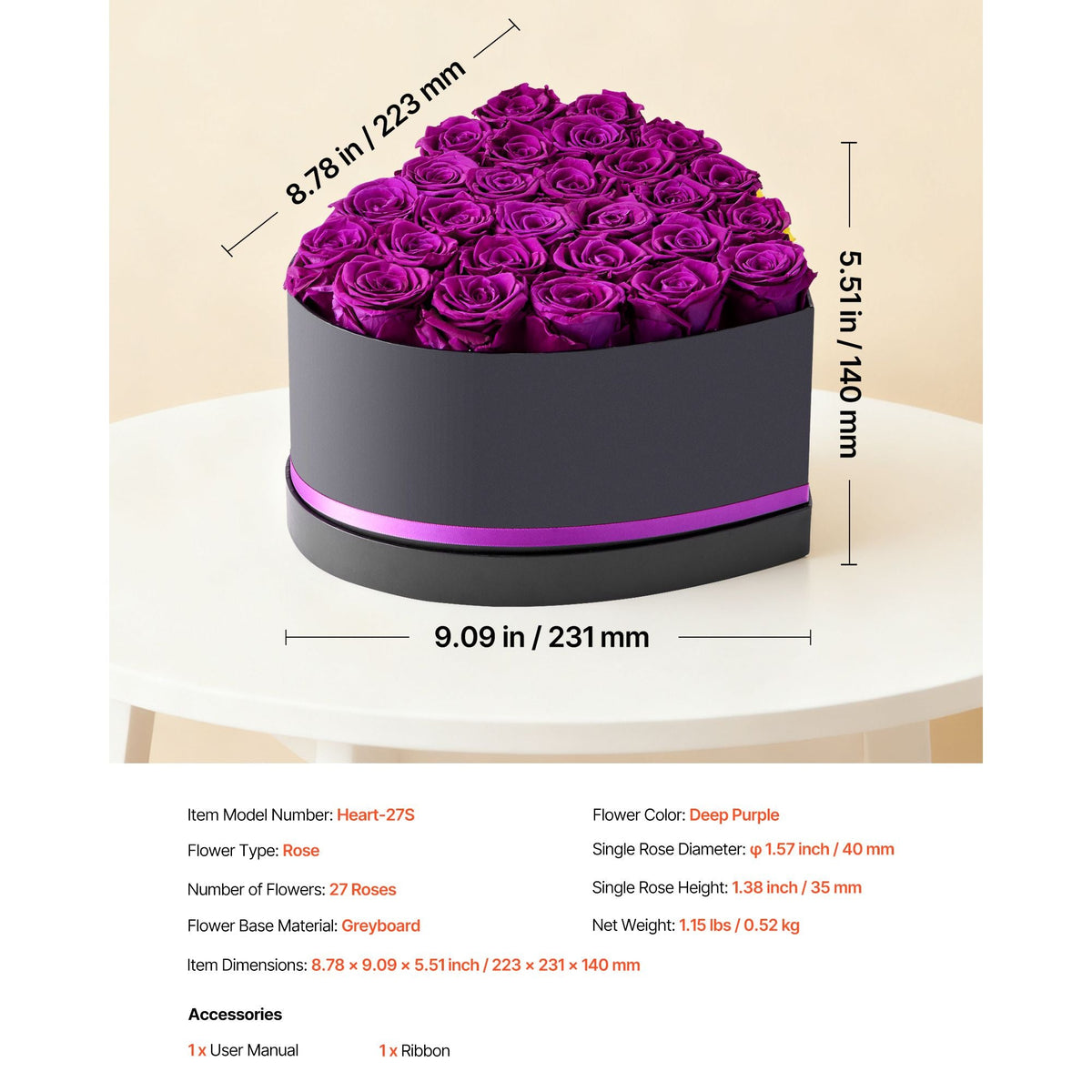 Forever Flowers, 27 Preserved Roses in Heart Shape Box, Eternal Flowers Immortal Bouquet Birthday Present for Women Her Wife Mothers, Anniversary, Valentine's Day,Christmas, Purple
