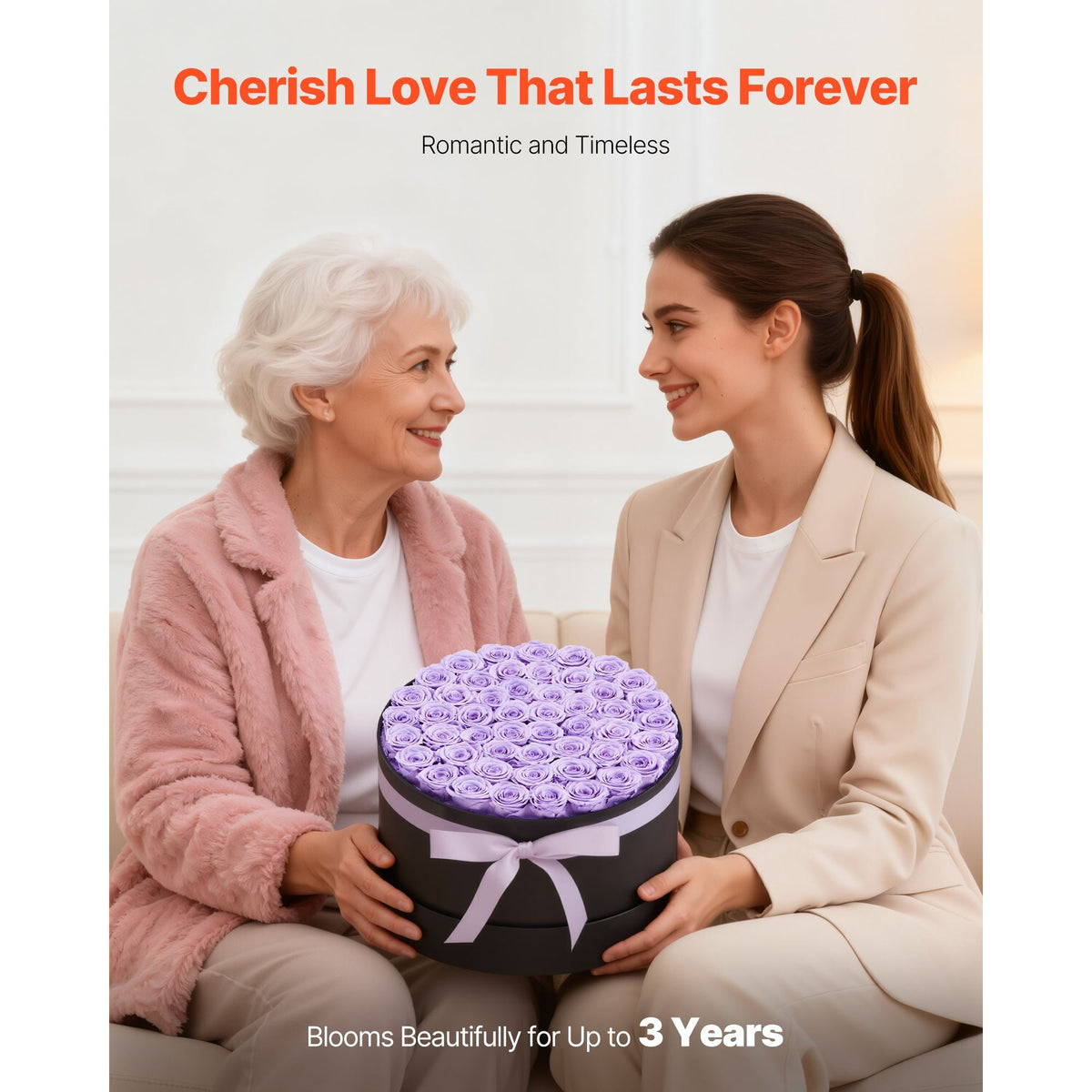 Forever Flowers, 50 Preserved Roses in a Box, Eternal Flowers Immortal Bouquet Birthday Present for Women Her Wife Mothers, Anniversary, Valentine's Day,Christmas, Lavender Purple