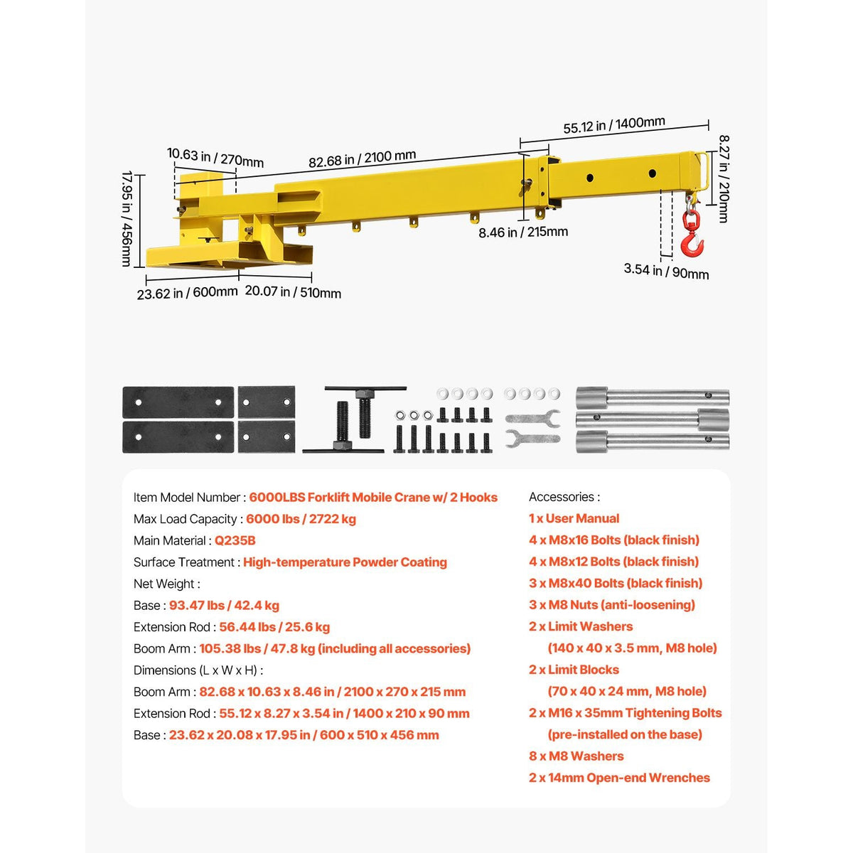 Forklift Jib Boom Crane, 6000lbs Capacity, Manual Telescoping Boom Extends Up to 56.1 inches, Forklift Mobile Crane with 2 Hooks, Adjustable Forklift Crane Attachment for Warehouse, Factories