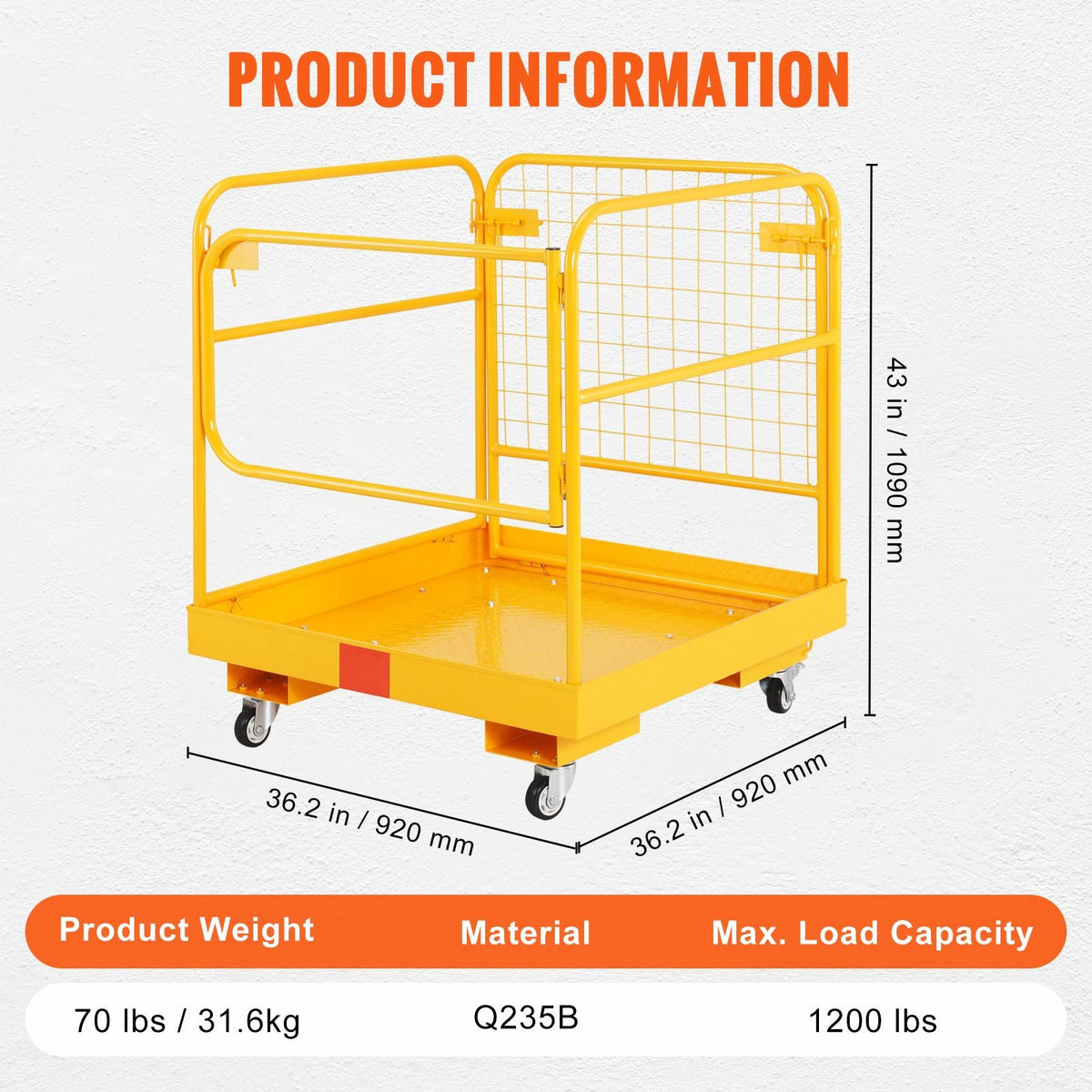 Forklift Safety Cage, 1200 lbs Load Capacity, 36 x 36 inches Folding Forklift Work Platform with Lockable Swivel Wheels, Drain Hole & Device Chain, Holds 1 to 2 Adults, Perfect for Aerial Work