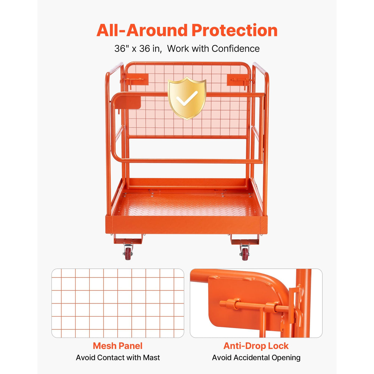 Forklift Safety Cage, 36.6 x 36.6 Inch, Forklift Man Basket with 4 Wheels, 1200 lbs Capacity, Heavy Duty Work Platform, Collapsible Lift Basket Safety Set, for Most Aerial Jobs Lifting Loader