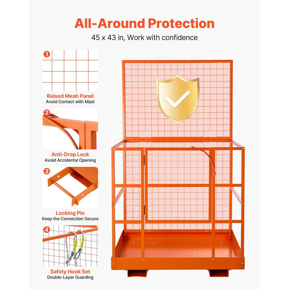 Forklift Safety Cage, 48.2 x 45.2 Inch, Heavy Duty Forklift Man Basket, 1400 lbs Capacity Collapsible Work Platform Lift Basket with Safety Harness & Lock, for Most Aerial Jobs Lifting Loader