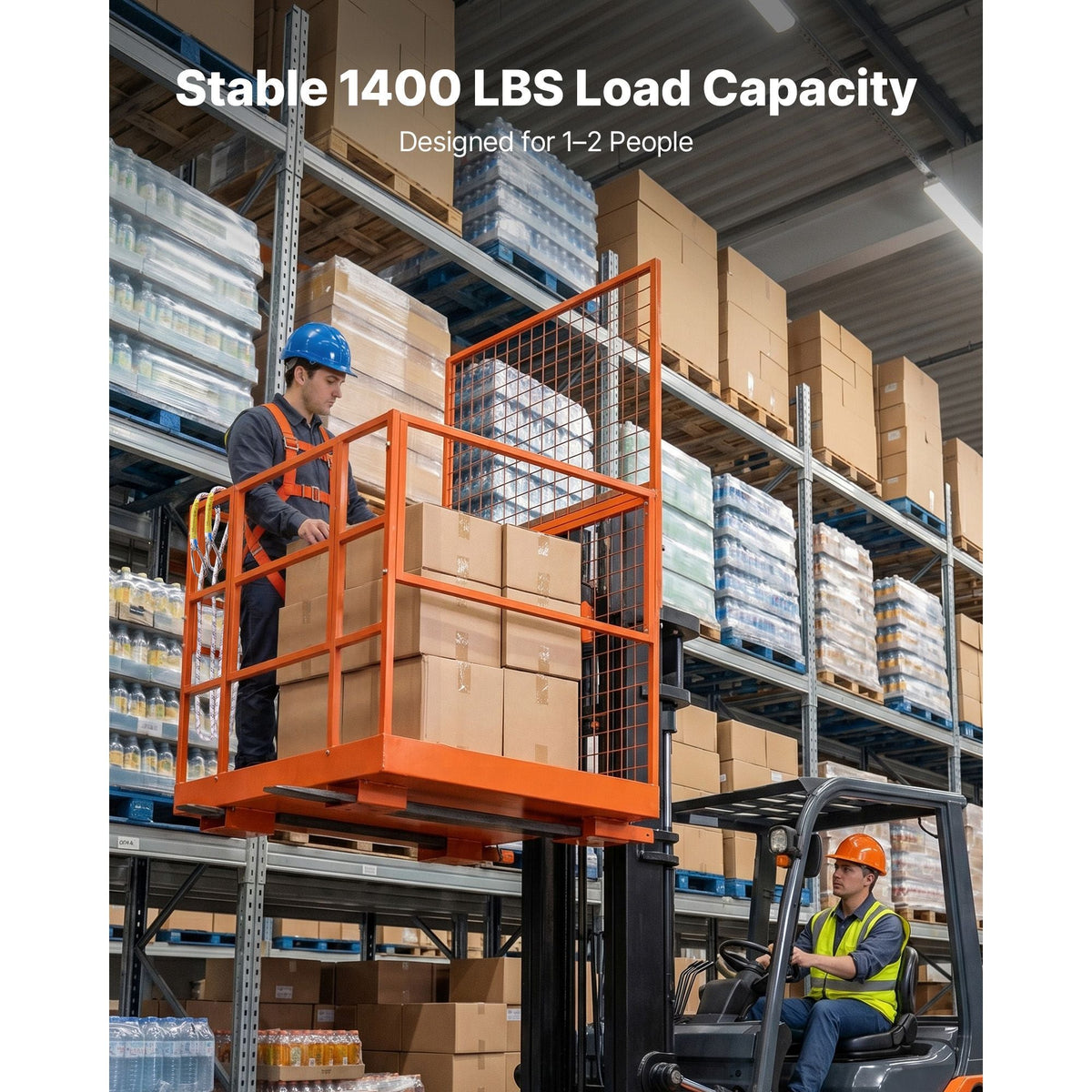 Forklift Safety Cage, 48.2 x 45.2 Inch, Heavy Duty Forklift Man Basket, 1400 lbs Capacity Collapsible Work Platform Lift Basket with Safety Harness & Lock, for Most Aerial Jobs Lifting Loader