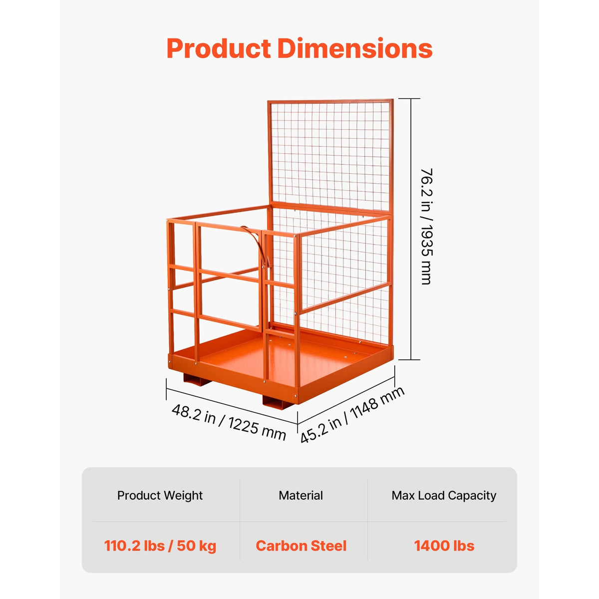 Forklift Safety Cage, 48.2 x 45.2 Inch, Heavy Duty Forklift Man Basket, 1400 lbs Capacity Collapsible Work Platform Lift Basket with Safety Harness & Lock, for Most Aerial Jobs Lifting Loader