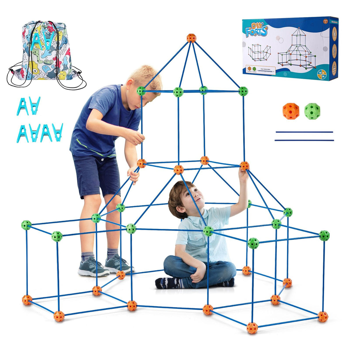 Fort Building Kit for Kids, 120PCS STEM Building Toys, Educational Gift for 4 5 6 7 8+ Year Old Boys & Girls, Indoor Outdoor Play Tent Builder Set Construction Toys with 80 Rods and 40 Balls