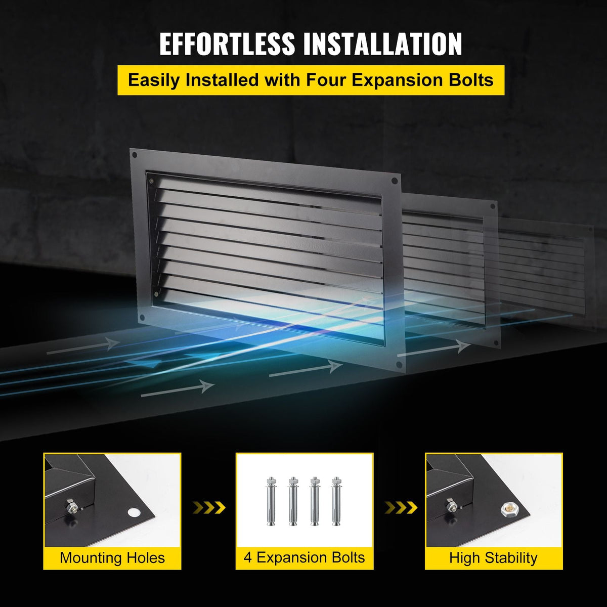Foundation Flood Vent, 8\" Height x 16\" Width Flood Vent, to Reduce Foundation Damage and Flood Risk, Black, Wall Mounted Flood Vent, for Garages & Full Height Enclosures