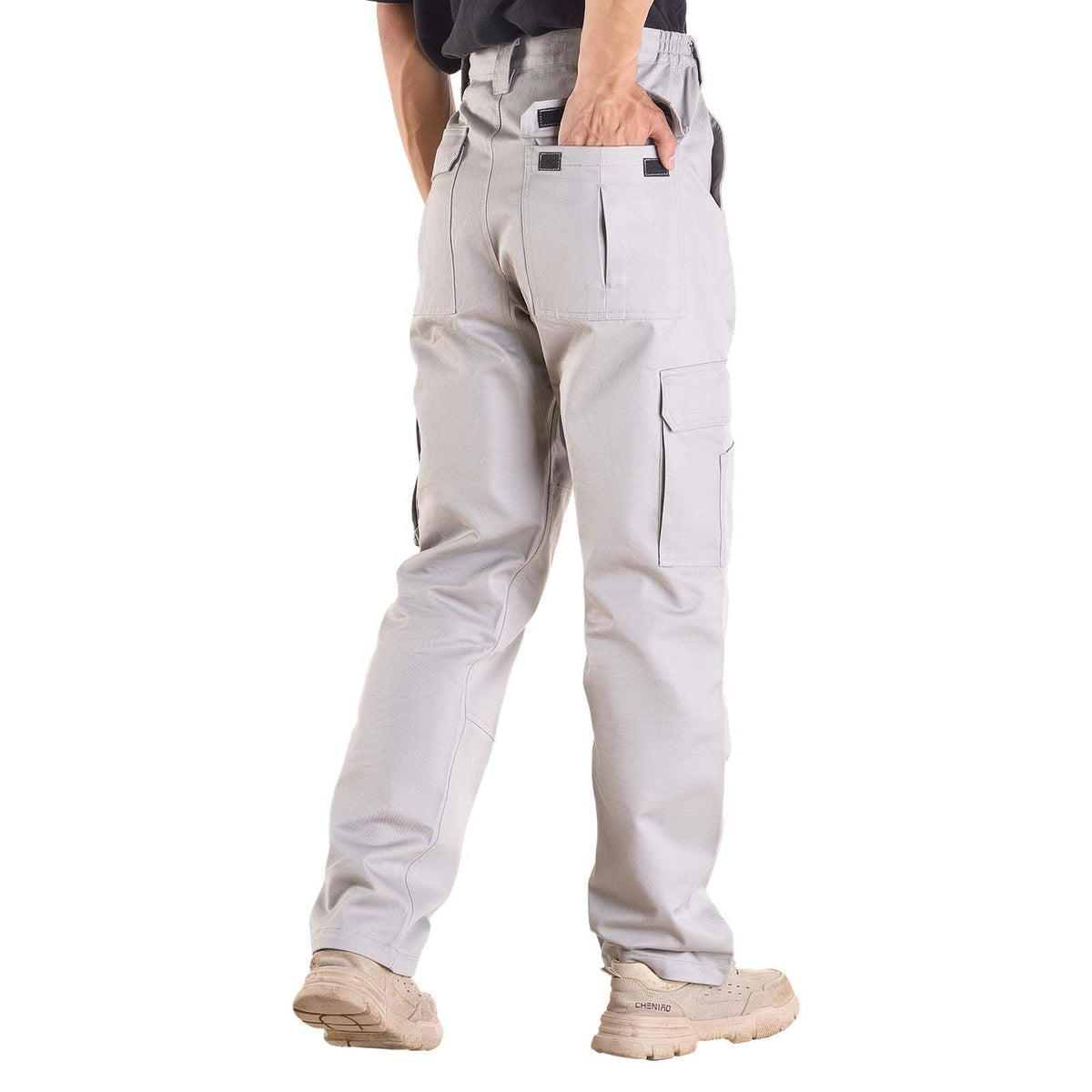 FR Pants for Men, 9 oz 100% Cotton, Flame-Resistant Cargo Pants with Multi-Pockets and Elastic Waist, Reinforced Tear-proof Stitching, Ideal for Welding Work and Casual Wear, XL Size, Gray