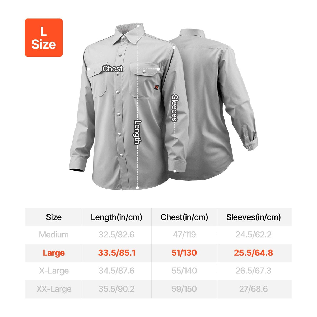 FR Shirts for Men, 7oz. Flame Resistant Welding Jacket, Machine Washable Cotton Heat-Resistant Welding Shirt, Meets ATPV 9.2 Cal/cm² Arc Rating - L Size