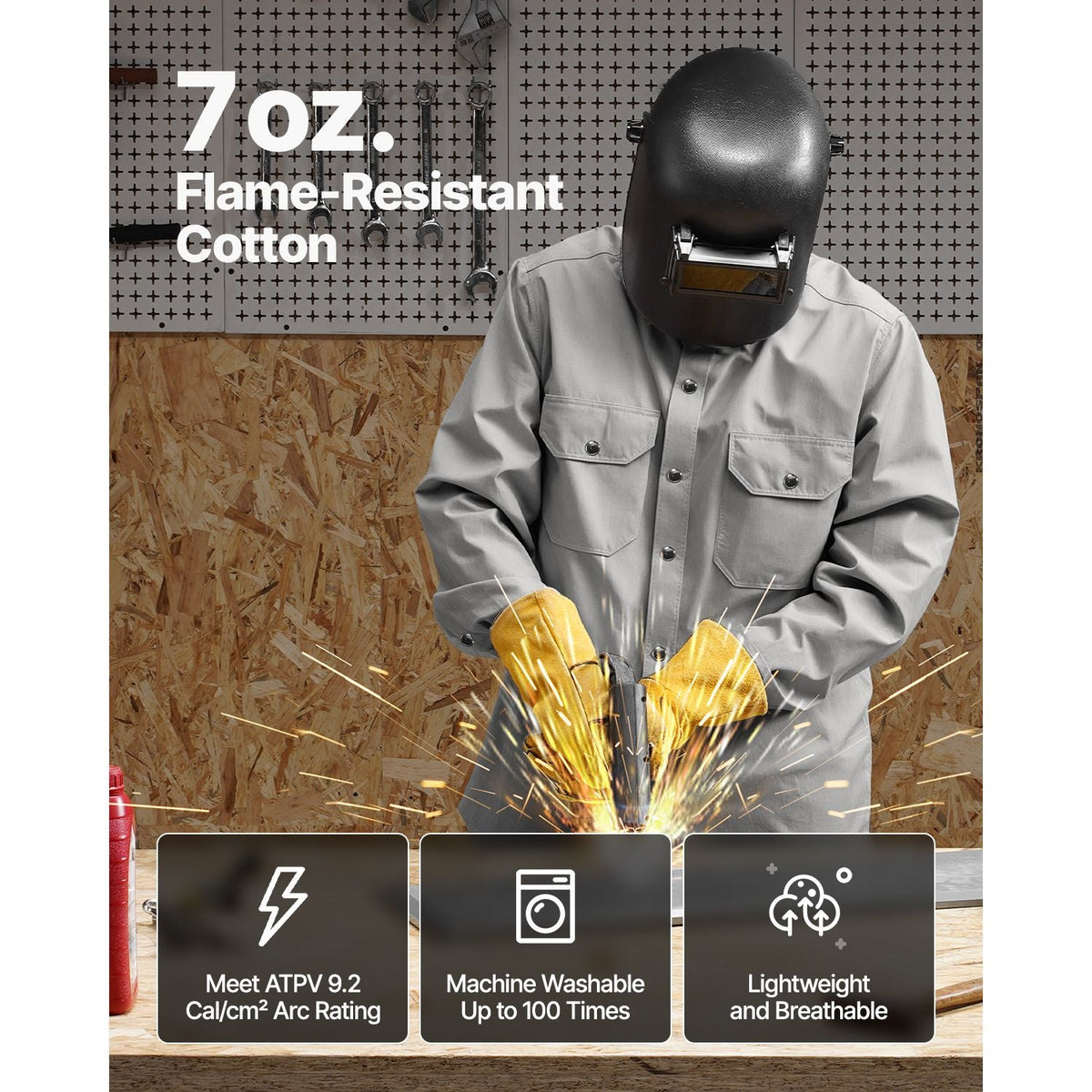FR Shirts for Men, 7oz. Flame Resistant Welding Jacket, Machine Washable Cotton Heat-Resistant Welding Shirt, Meets ATPV 9.2 Cal/cm² Arc Rating - M Size