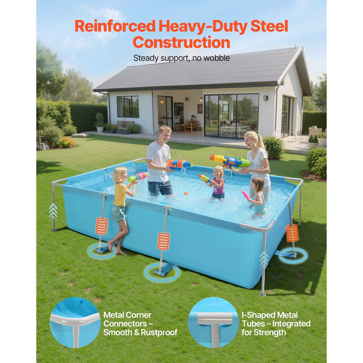 Frame Above Ground Swimming Pool, 118 x 78 x 30 in Rectangular Steel Metal Frame, Large Rectangle Outdoor Backyard Family Pool, Easy to Assemble Rust-Resistant, 1046 Gallon Water Capacity, Blue