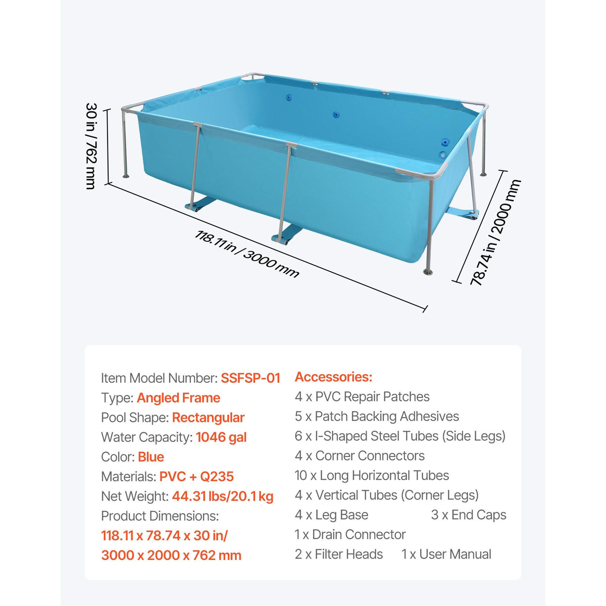 Frame Above Ground Swimming Pool, 118 x 78 x 30 in Rectangular Steel Metal Frame, Large Rectangle Outdoor Backyard Family Pool, Easy to Assemble Rust-Resistant, 1046 Gallon Water Capacity, Blue