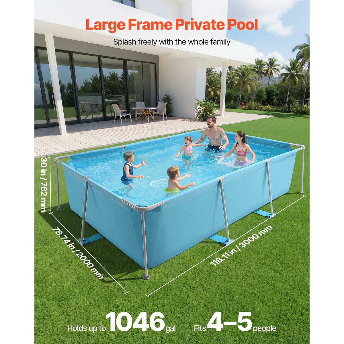 Frame Above Ground Swimming Pool, 118 x 78 x 30 in Rectangular Steel Metal Frame, Large Rectangle Outdoor Backyard Family Pool, Easy to Assemble Rust-Resistant, 1046 Gallon Water Capacity, Blue