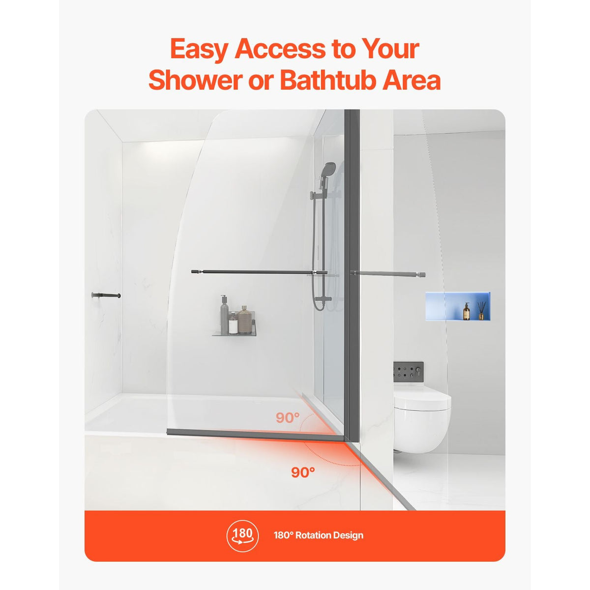 Frameless Bathtub Shower Door, 34 in. W x 55 in. H, Half Shower Door for Bathtub, 180° Rotatable Tempered Glass Door, Half Shower Door with 1/4 in Tempered Glass Bathroom Shower Screen, Black