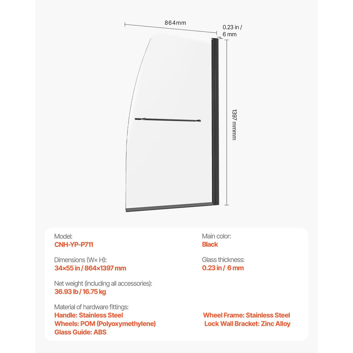 Frameless Bathtub Shower Door, 34 in. W x 55 in. H, Half Shower Door for Bathtub, 180° Rotatable Tempered Glass Door, Half Shower Door with 1/4 in Tempered Glass Bathroom Shower Screen, Black