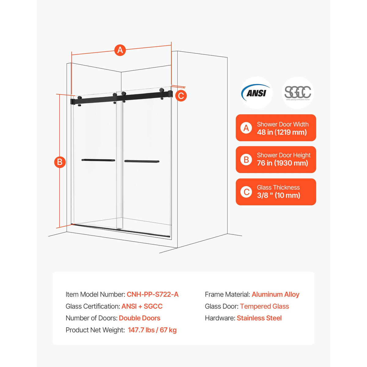 Frameless Shower Door, 48" W x 76" H, Shower Sliding Glass Door with 3/8" (10 mm) Thick Clear Tempered Glass, Noiseless Shatterproof Nano Coating, with Rail, Seal Strip and Hardware Kit