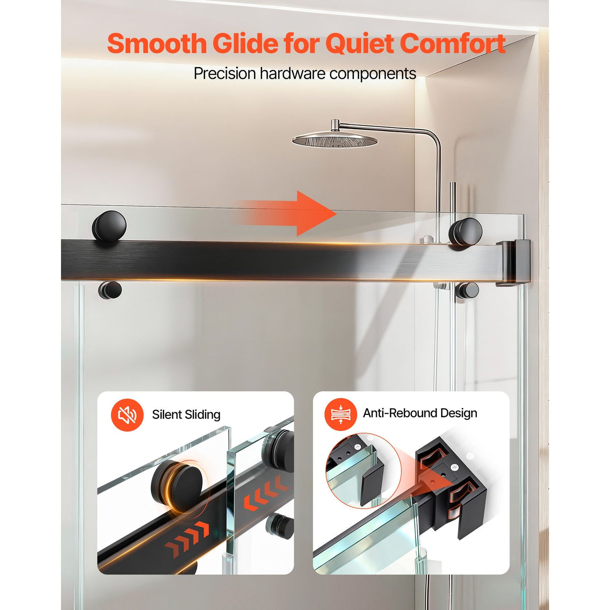 Frameless Shower Door, 48" W x 76" H, Shower Sliding Glass Door with 3/8" (10 mm) Thick Clear Tempered Glass, Noiseless Shatterproof Nano Coating, with Rail, Seal Strip and Hardware Kit