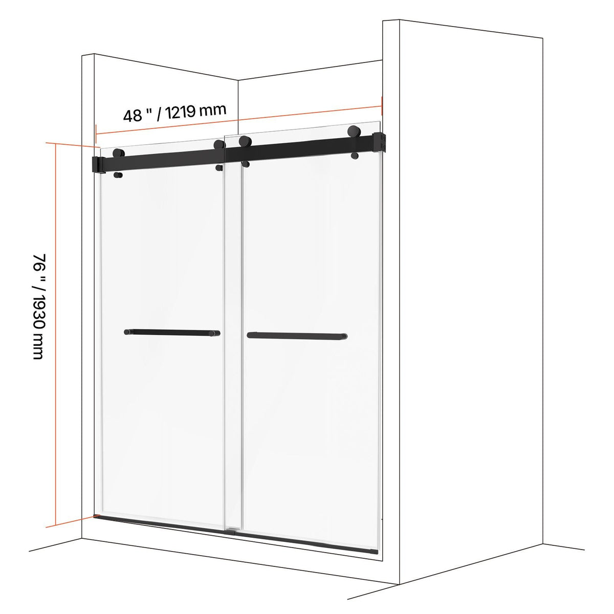 Frameless Shower Door, 48" W x 76" H, Shower Sliding Glass Door with 3/8" (10 mm) Thick Clear Tempered Glass, Noiseless Shatterproof Nano Coating, with Rail, Seal Strip and Hardware Kit