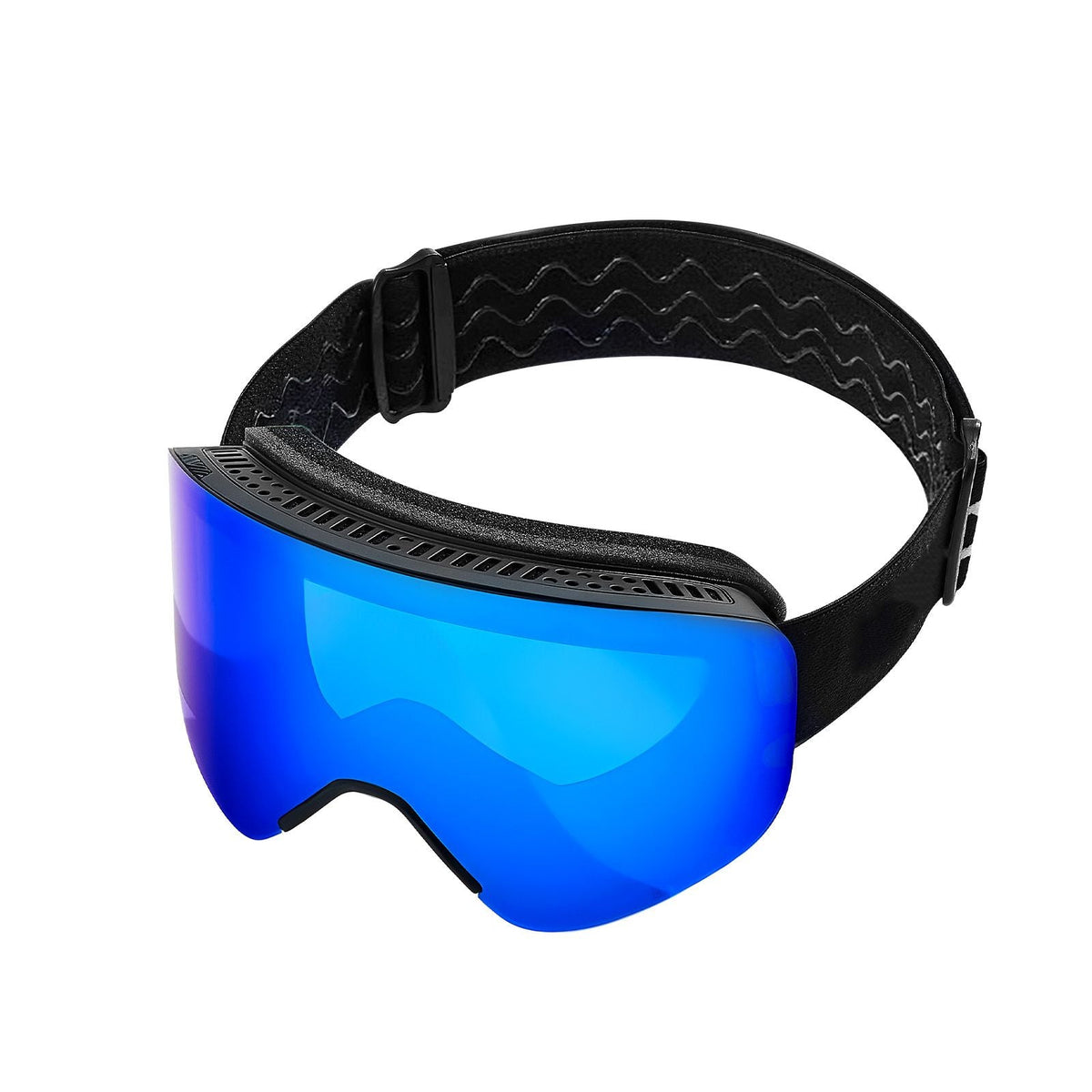 Frameless Ski Goggles, Magnet Cylindrical Lens with Dark Blue Revo Coating, OTG Anti fog Snow Goggles for Men Women, TPU Frame & Ventilation Structure, Fit for Skiing, Skating, Snowboarding