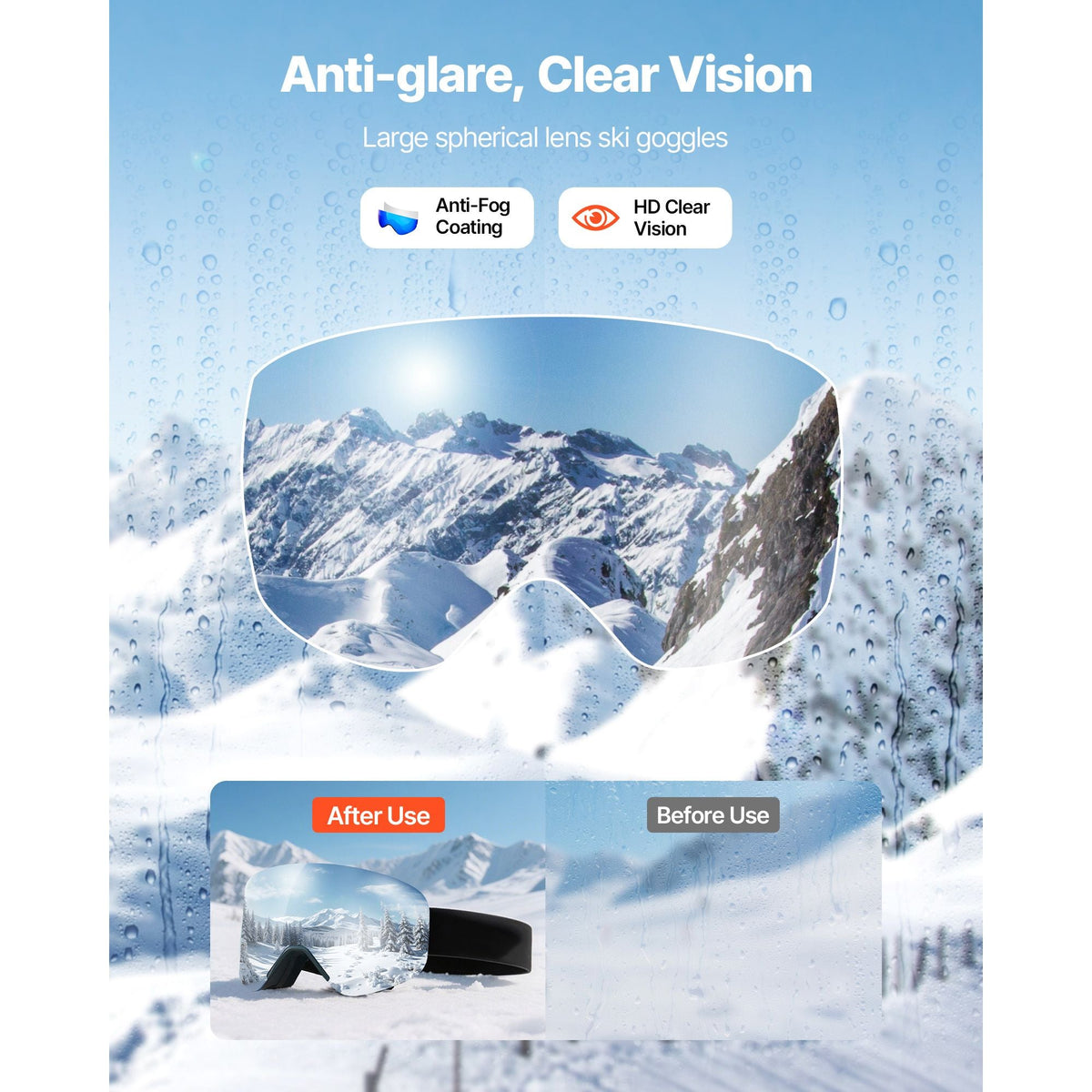Frameless Ski Goggles, Magnet Cylindrical Lens with Dark Blue Revo Coating, OTG Anti fog Snow Goggles for Men Women, TPU Frame & Ventilation Structure, Fit for Skiing, Skating, Snowboarding