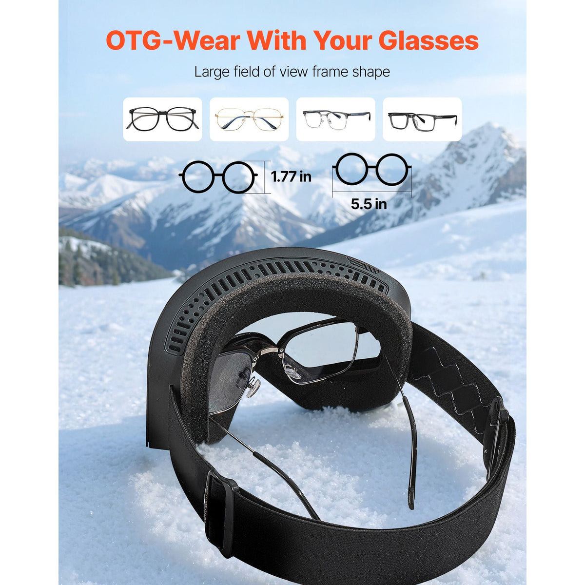 Frameless Ski Goggles, Magnet Cylindrical Lens with Silver Mirror Revo Coating, OTG Anti fog Snow Goggles for Men Women, TPU Frame & Ventilation Structure, Fit for Skiing, Skating, Snowboarding