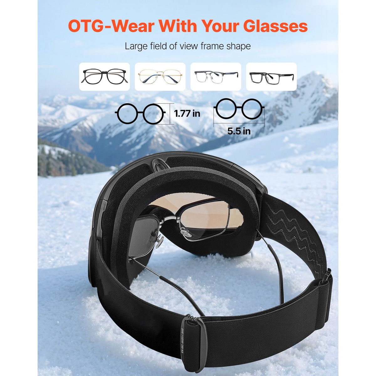 Frameless Ski Goggles, Spherical Lens with Blue Revo Coating, OTG Anti fog Snow Goggles for Men Women Youth, TPU Frame & Ventilation Structure, Suitable for Skiing, Skating, Snowboarding