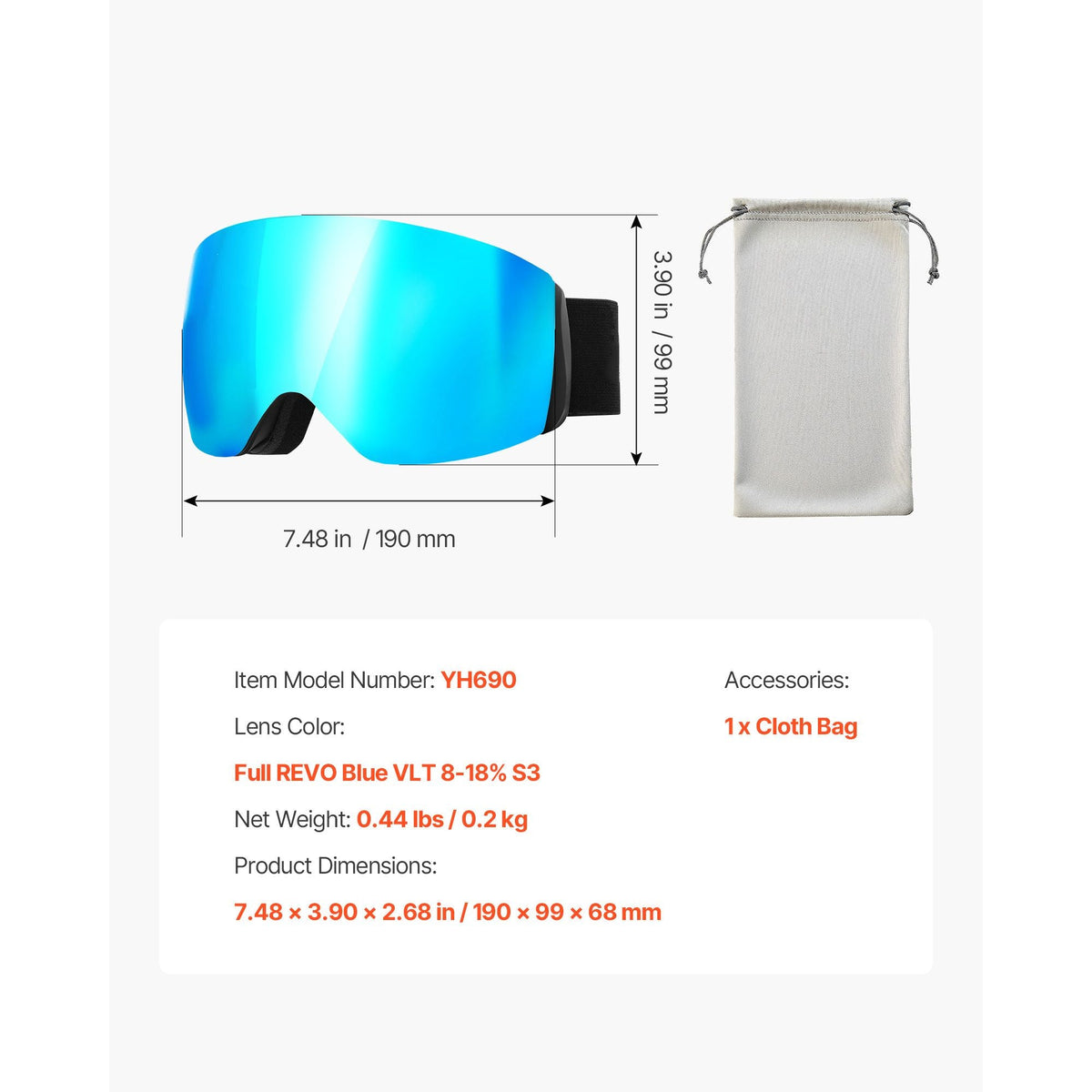 Frameless Ski Goggles, Spherical Lens with Blue Revo Coating, OTG Anti fog Snow Goggles for Men Women Youth, TPU Frame & Ventilation Structure, Suitable for Skiing, Skating, Snowboarding