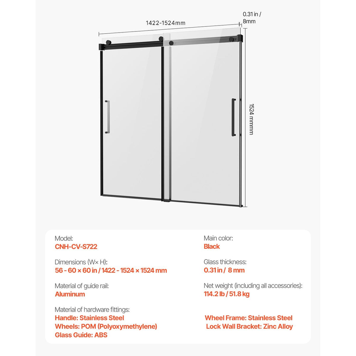Frameless Sliding Bathtub Door, 56-60 in.W x 60 in.H, Frameless Shower Glass Door, Frameless Double Sliding Tub Door with 5/16 in Clear Tempered Glass and Stainless Steel Handle, Black Finish
