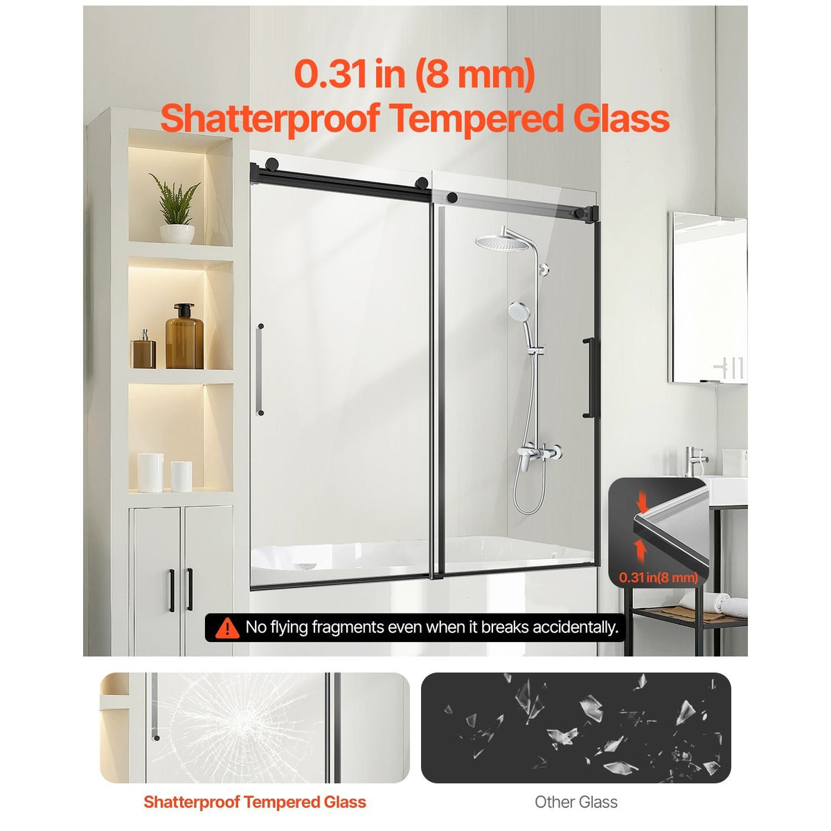 Frameless Sliding Bathtub Door, 56-60 in.W x 60 in.H, Frameless Shower Glass Door, Frameless Double Sliding Tub Door with 5/16 in Clear Tempered Glass and Stainless Steel Handle, Black Finish