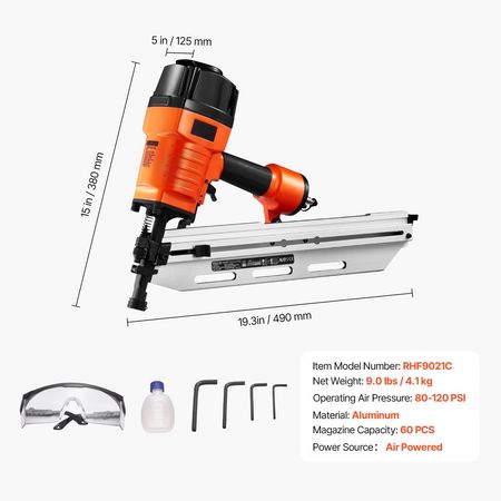 Framing Nailer, 80-120PSI Air Nail Gun, 2" to 3-1/2" 21 Degree Full Round Head Pneumatic Framing Nailer with Tool-Less Depth Adjustment & Dual Trigger Modes, Ideal for Framing Decking Flooring