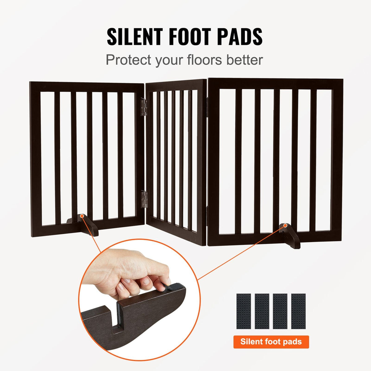 Free Standing Dog Gate, 24" H x 60" W Freestanding Pet Gate, 3 Panels Foldable Dog Gate for Wide and Narrow Passageways, Expandable Dog Barrier with Silent Foot Support for Indoor, Brown