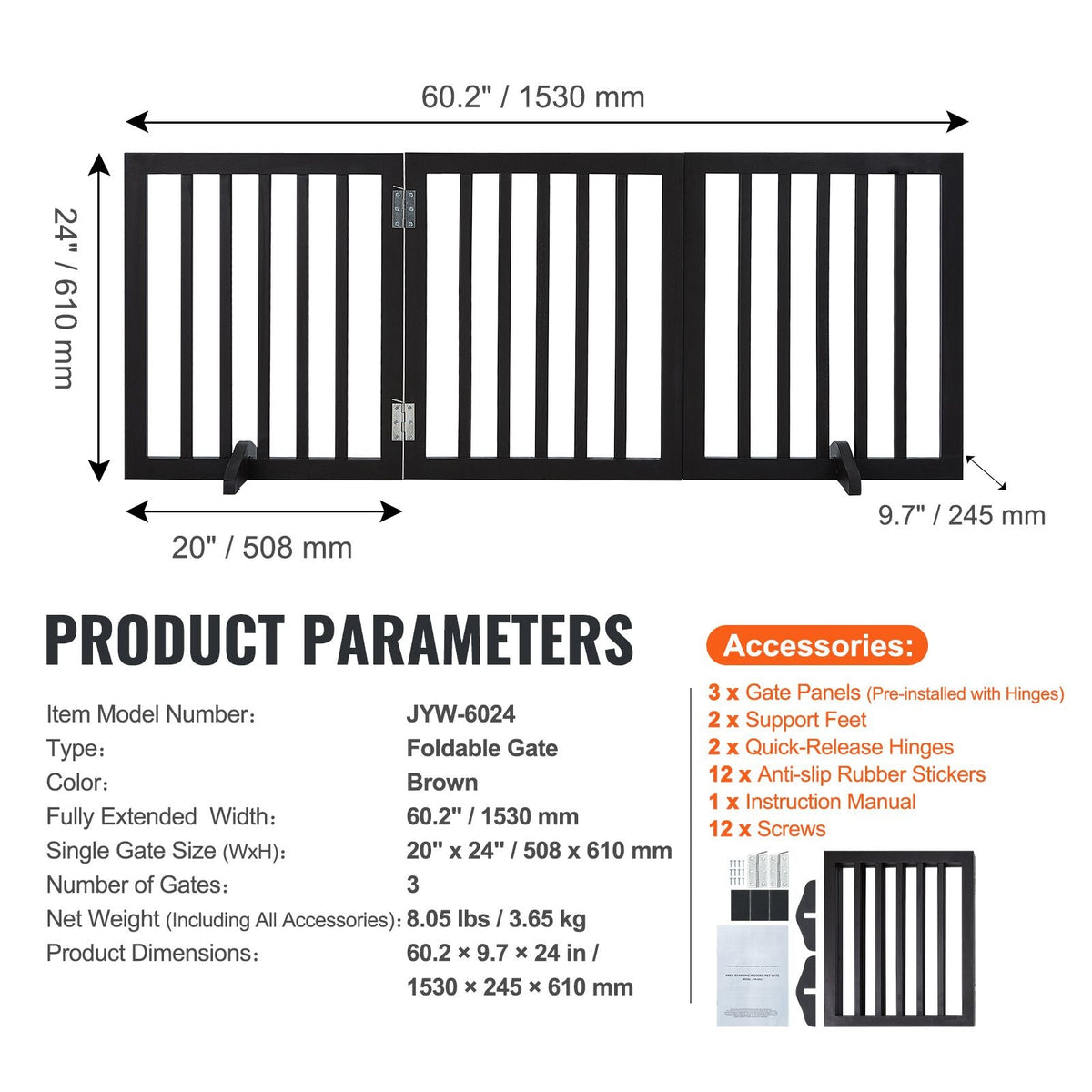 Free Standing Dog Gate, 24" H x 60" W Freestanding Pet Gate, 3 Panels Foldable Dog Gate for Wide and Narrow Passageways, Expandable Dog Barrier with Silent Foot Support for Indoor, Brown