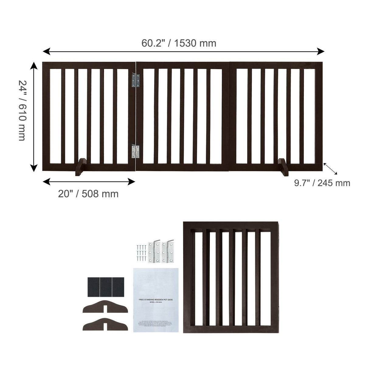Free Standing Dog Gate, 24" H x 60" W Freestanding Pet Gate, 3 Panels Foldable Dog Gate for Wide and Narrow Passageways, Expandable Dog Barrier with Silent Foot Support for Indoor, Brown