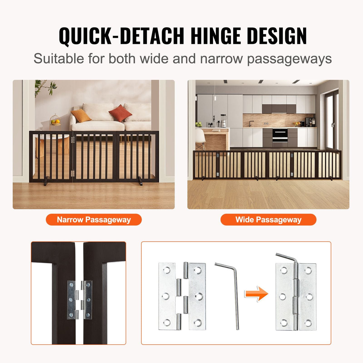 Free Standing Dog Gate, 24" H x 60" W Freestanding Pet Gate, 3 Panels Foldable Dog Gate for Wide and Narrow Passageways, Expandable Dog Barrier with Silent Foot Support for Indoor, Brown