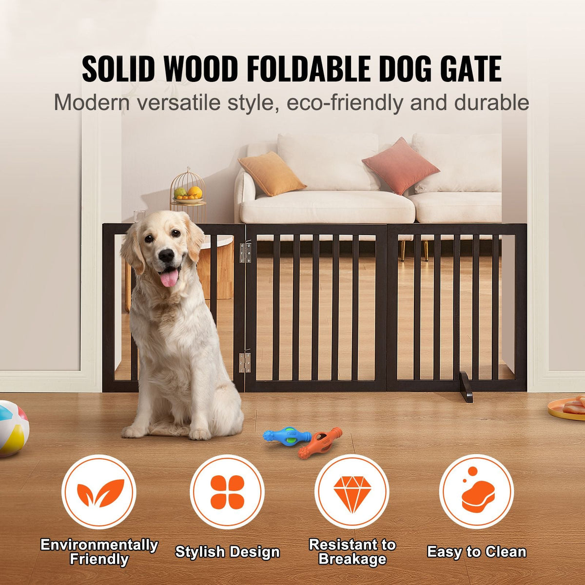 Free Standing Dog Gate, 24" H x 60" W Freestanding Pet Gate, 3 Panels Foldable Dog Gate for Wide and Narrow Passageways, Expandable Dog Barrier with Silent Foot Support for Indoor, Brown