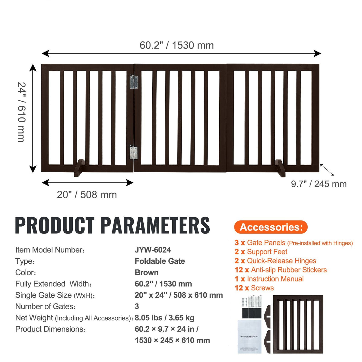 Free Standing Dog Gate, 24" H x 60" W Freestanding Pet Gate, 3 Panels Foldable Dog Gate for Wide and Narrow Passageways, Expandable Dog Barrier with Silent Foot Support for Indoor, Brown