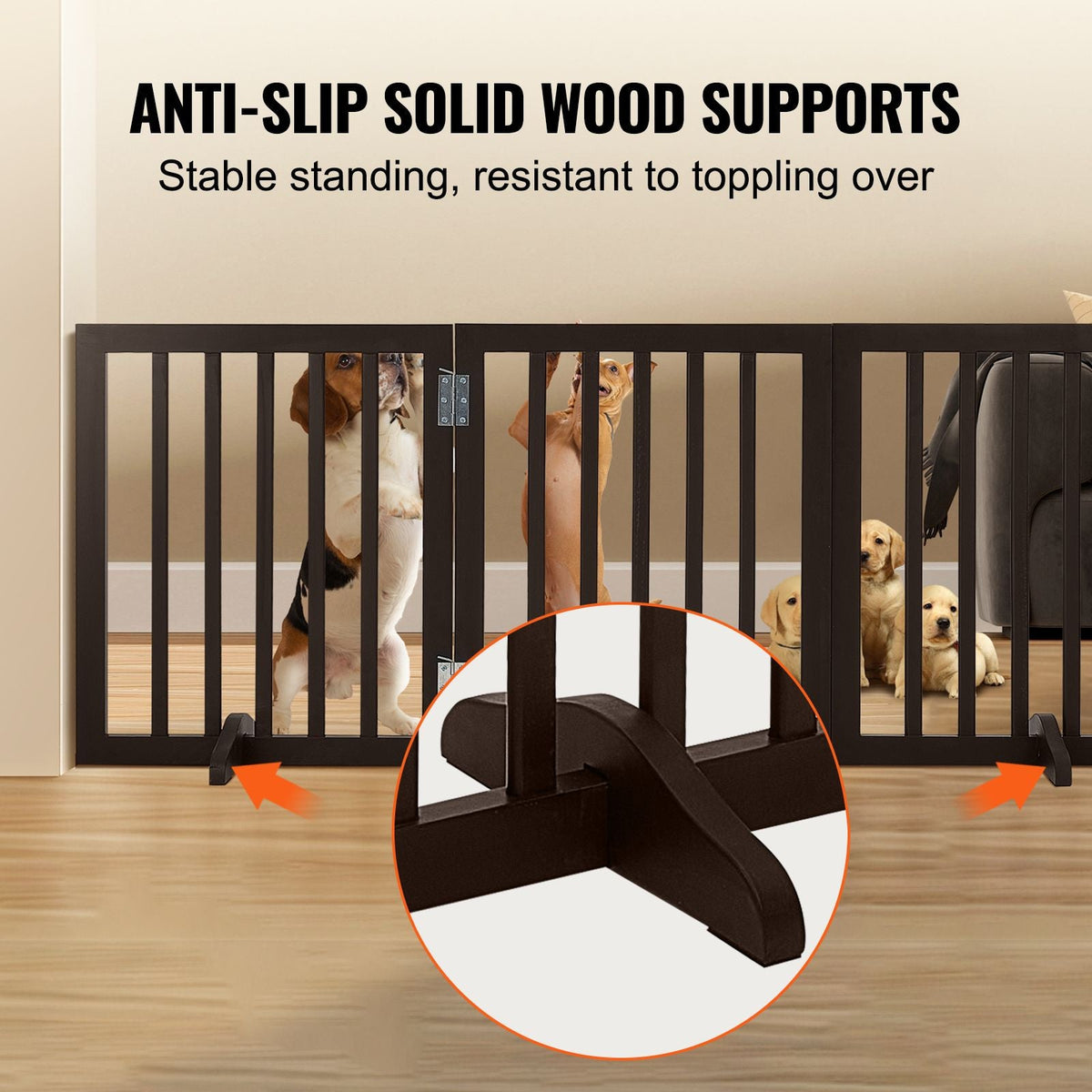 Free Standing Dog Gate, 24" H x 60" W Freestanding Pet Gate, 3 Panels Foldable Dog Gate for Wide and Narrow Passageways, Expandable Dog Barrier with Silent Foot Support for Indoor, Brown
