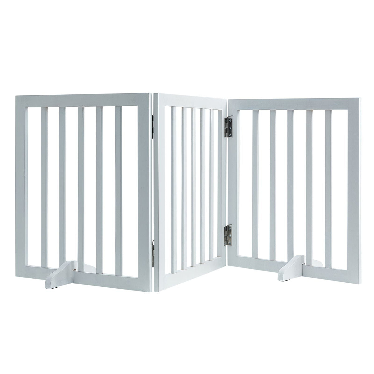 Free Standing Dog Gate, 24" H x 60" W Freestanding Pet Gate, 3 Panels Foldable Dog Gate for Wide and Narrow Passageways, Expandable Dog Barrier with Silent Foot Support for Indoor, White
