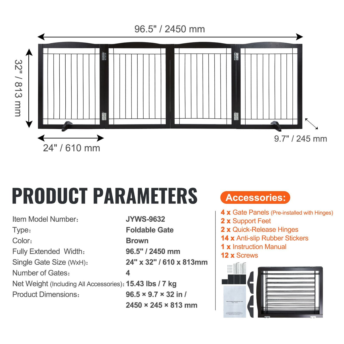 Free Standing Dog Gate, 32" H x 96.5" W Freestanding Pet Gate, 4 Panels Foldable Dog Gate for Wide and Narrow Passageways, Expandable Dog Barrier with Silent Foot Support for Indoor, Brown