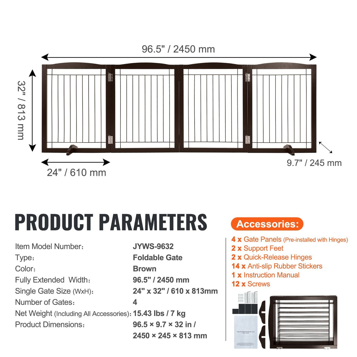 Free Standing Dog Gate, 32" H x 96.5" W Freestanding Pet Gate, 4 Panels Foldable Dog Gate for Wide and Narrow Passageways, Expandable Dog Barrier with Silent Foot Support for Indoor, Brown