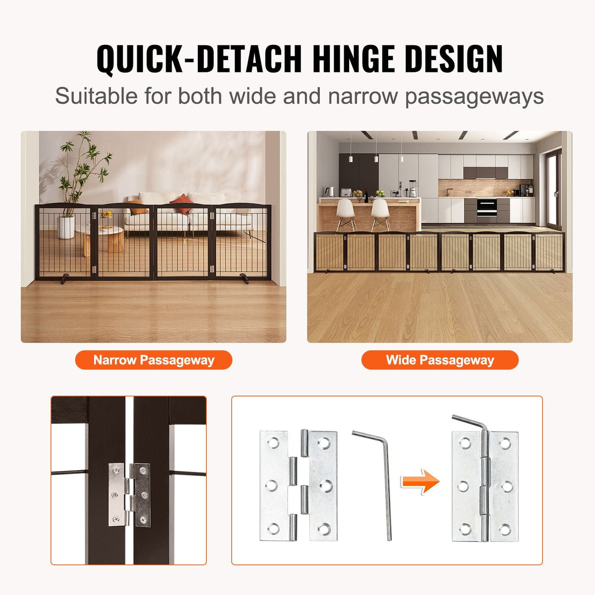 Free Standing Dog Gate, 32" H x 96.5" W Freestanding Pet Gate, 4 Panels Foldable Dog Gate for Wide and Narrow Passageways, Expandable Dog Barrier with Silent Foot Support for Indoor, Brown