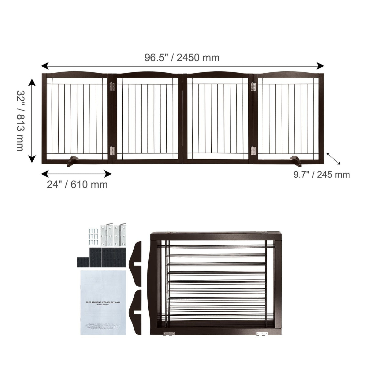 Free Standing Dog Gate, 32" H x 96.5" W Freestanding Pet Gate, 4 Panels Foldable Dog Gate for Wide and Narrow Passageways, Expandable Dog Barrier with Silent Foot Support for Indoor, Brown