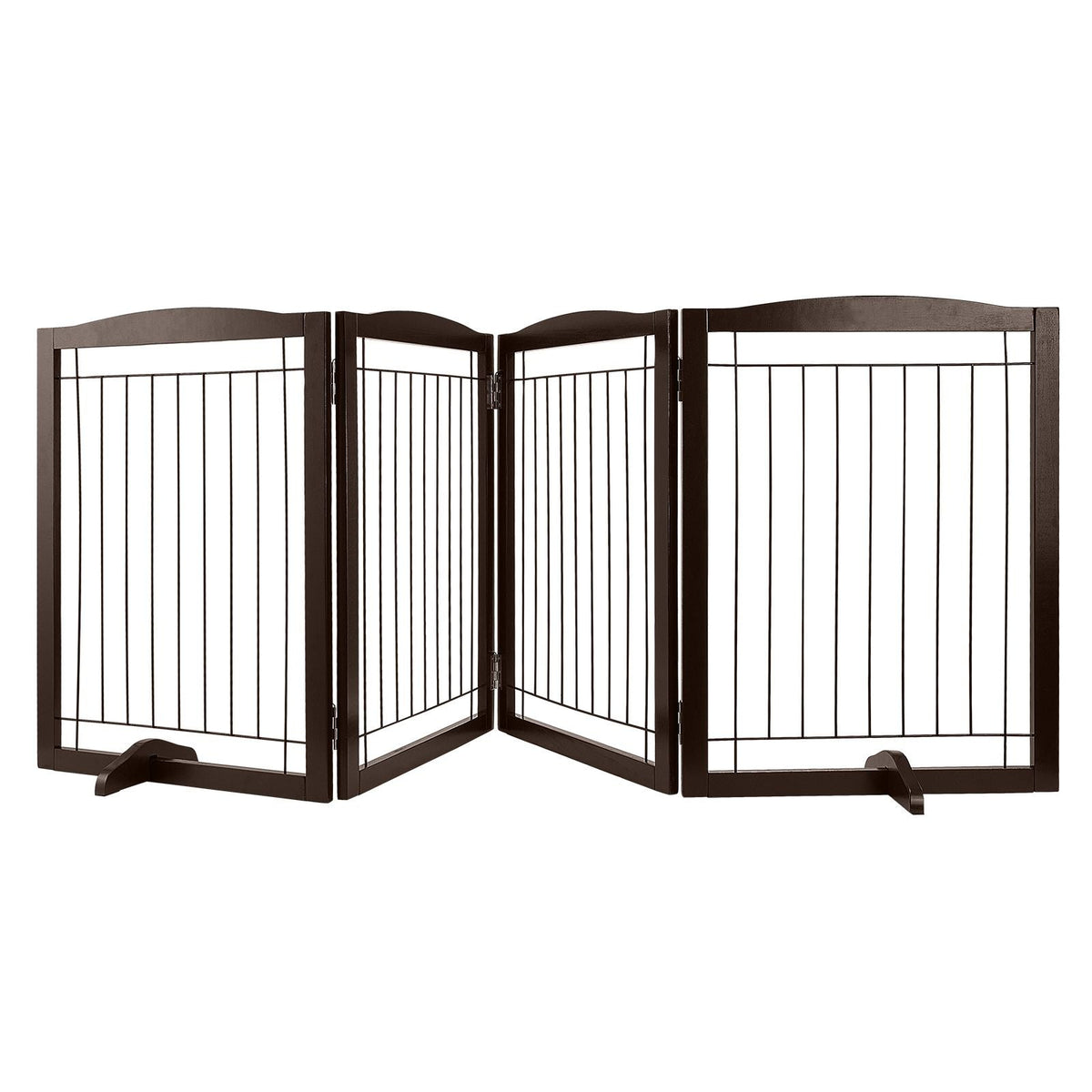 Free Standing Dog Gate, 32" H x 96.5" W Freestanding Pet Gate, 4 Panels Foldable Dog Gate for Wide and Narrow Passageways, Expandable Dog Barrier with Silent Foot Support for Indoor, Brown
