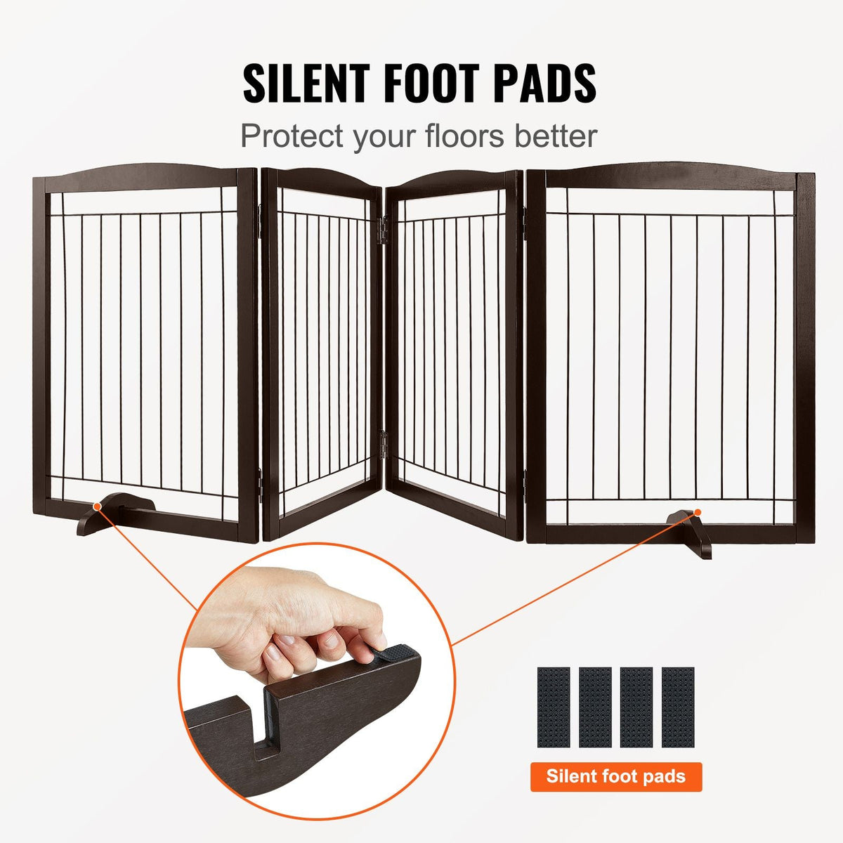 Free Standing Dog Gate, 32" H x 96.5" W Freestanding Pet Gate, 4 Panels Foldable Dog Gate for Wide and Narrow Passageways, Expandable Dog Barrier with Silent Foot Support for Indoor, Brown
