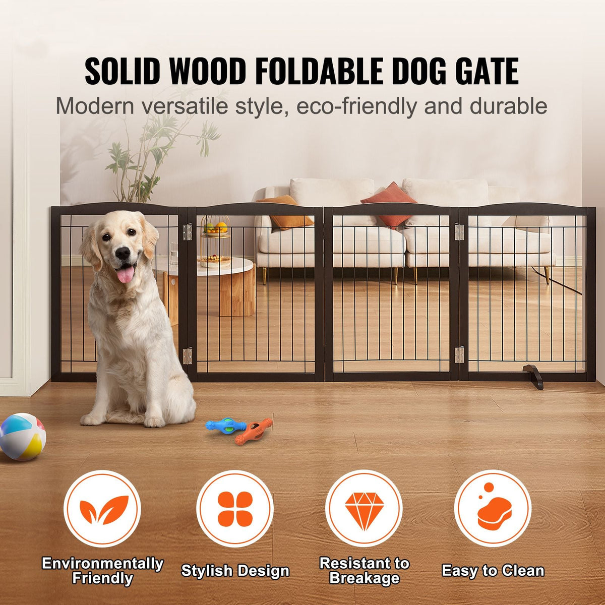 Free Standing Dog Gate, 32" H x 96.5" W Freestanding Pet Gate, 4 Panels Foldable Dog Gate for Wide and Narrow Passageways, Expandable Dog Barrier with Silent Foot Support for Indoor, Brown